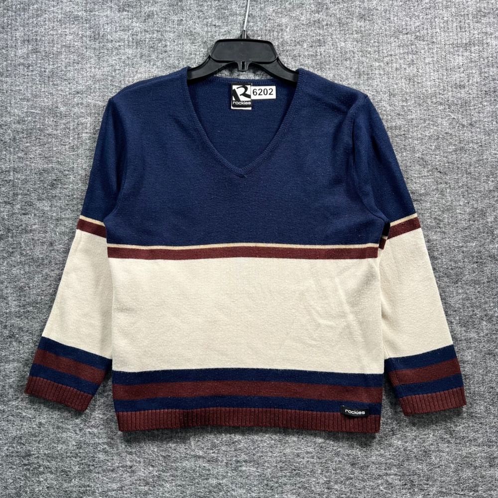 Rockies Vintage 90s V-Neck Striped Sweater Navy Blue Cream Burgundy L TS553AN0